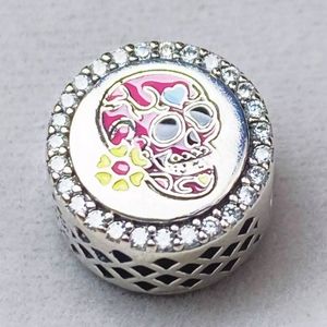 PANDORA ALE S925 SUGAR SKULL DAY OF THE DEAD PAVE CHARM BEAD NEW SILVER